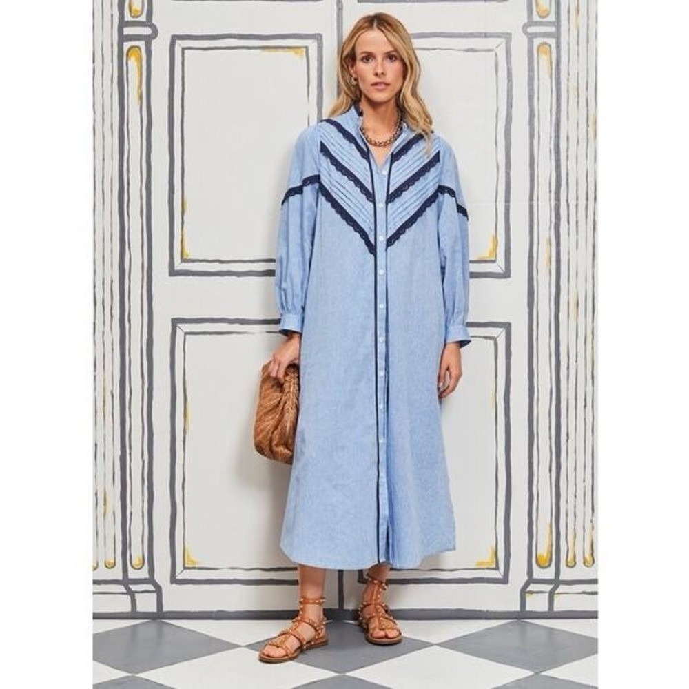 Pomander Place Blue Chambray Lace Trim Pleated Midi Shirt Dress XXXL Plus Size